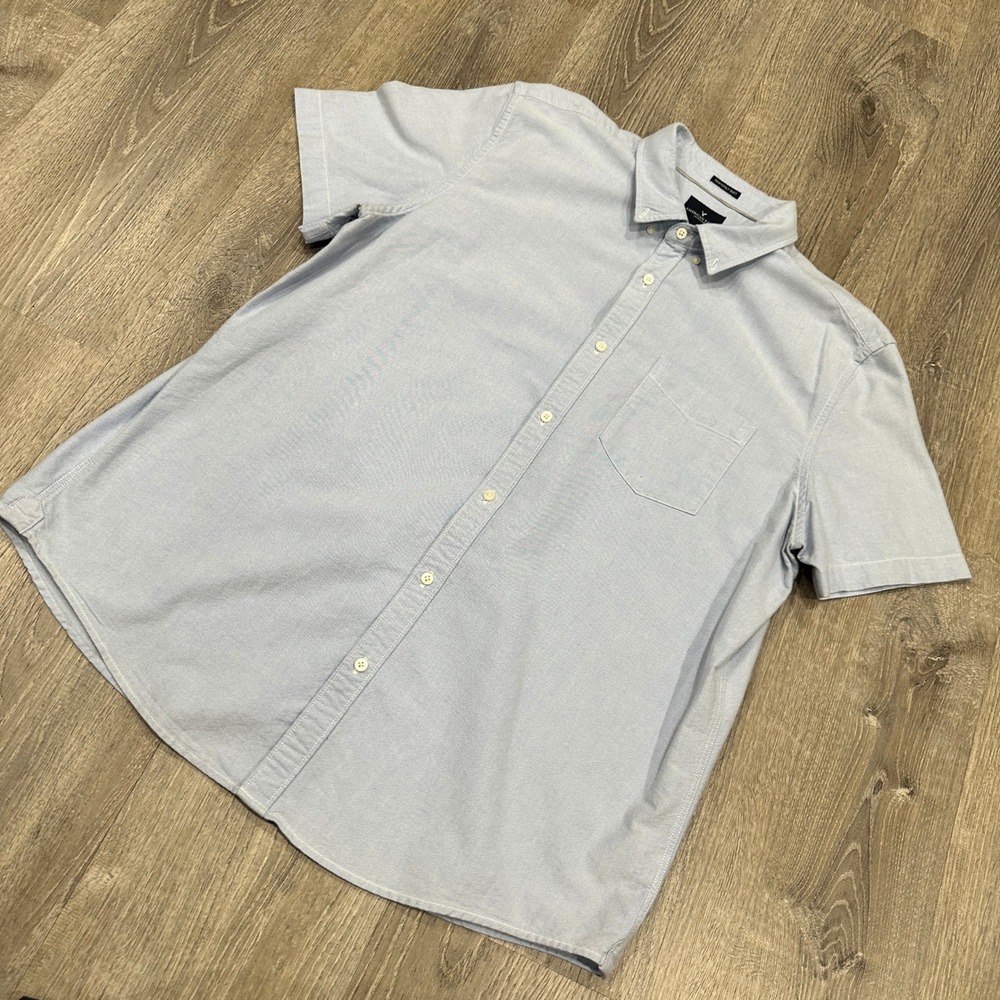 American Eagle Shirt Mens XXL Blue Seriously Soft Oxford Short‎ Sleeve Shirt
